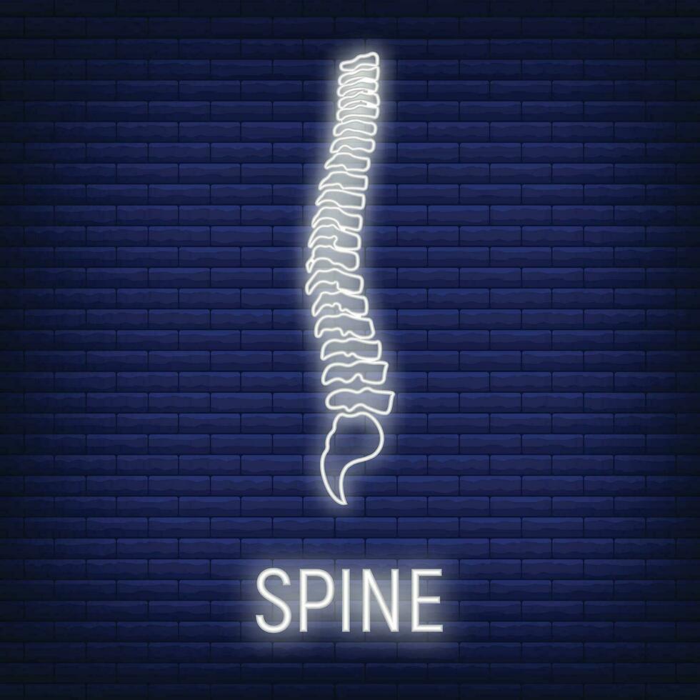 conceito coluna vertebral osso ícone brilho néon estilo, esqueleto parte organismo, roentgen humano corpo imagem isolado em preto, plano vetor ilustração.