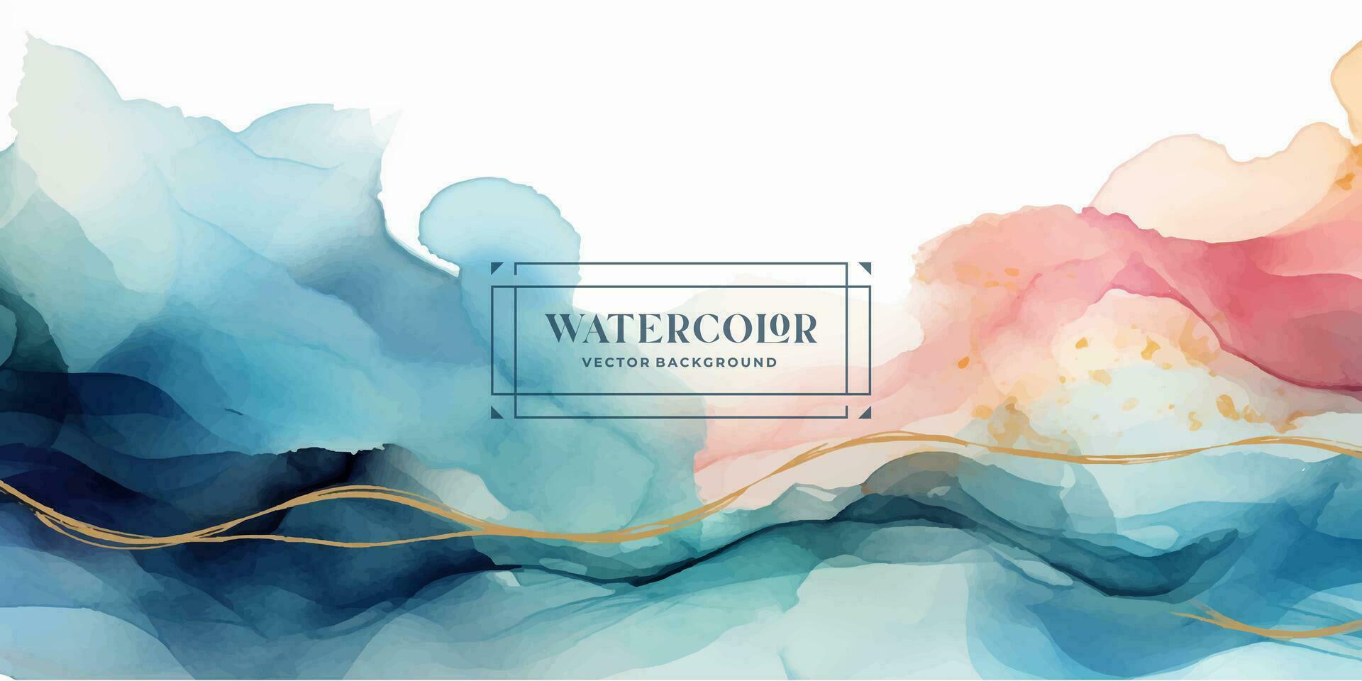 vetor de fundo de arte em aquarela. design de papel de parede com pincel e arte de linha de ouro. ilustração em aquarela de tons de terra azul, rosa, marfim, bege para impressões, arte de parede, capa e cartões de convite.