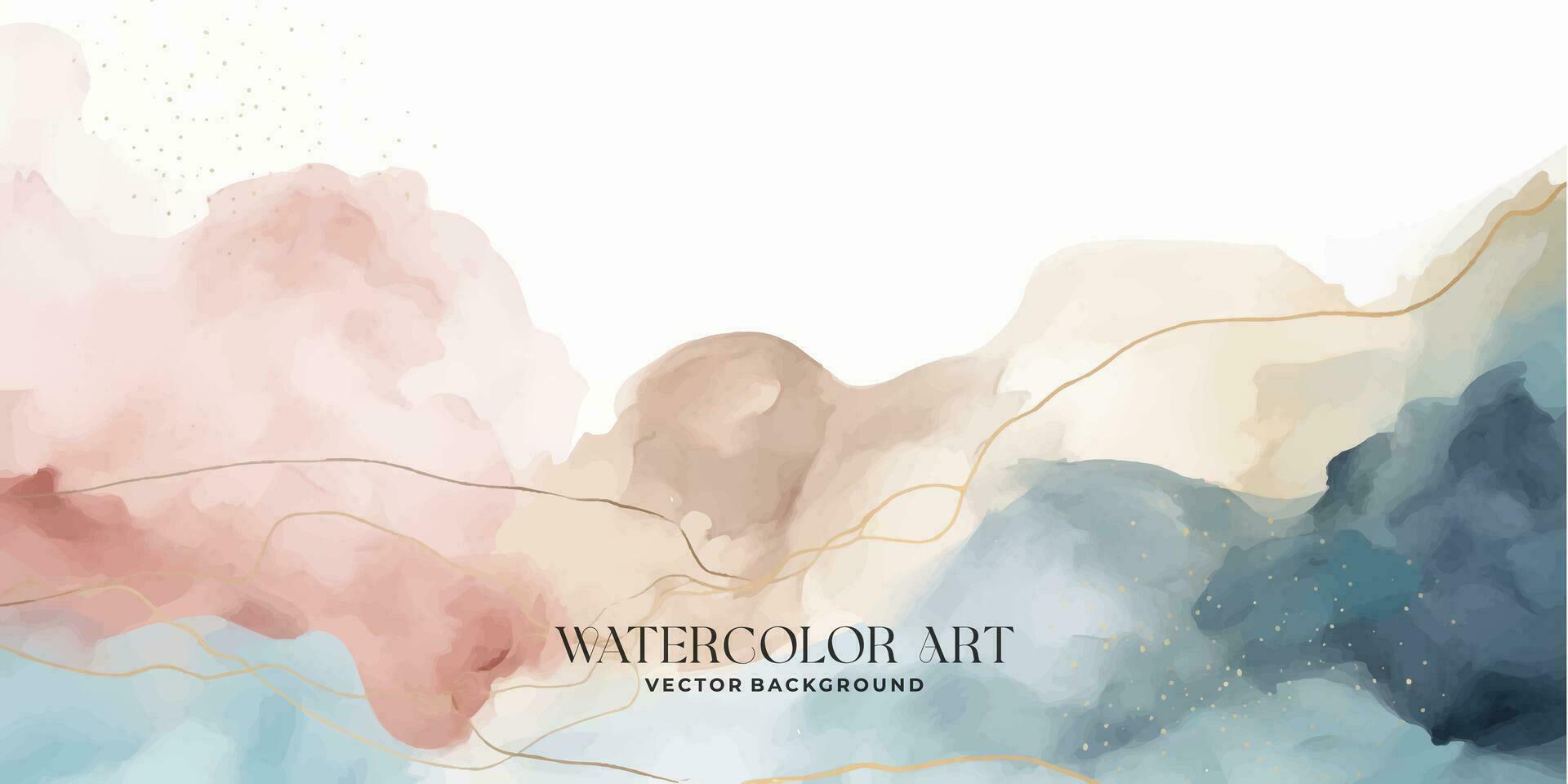 vetor de fundo de arte em aquarela. design de papel de parede com pincel e arte de linha de ouro. ilustração em aquarela de tons de terra azul, rosa, marfim, bege para impressões, arte de parede, capa e cartões de convite.