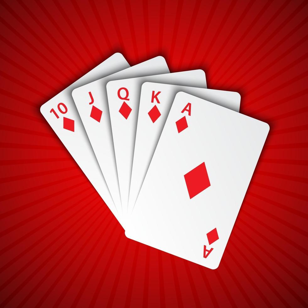 um royal flush de diamantes em fundo vermelho, mãos vencedoras de cartas de pôquer, cartas de jogar de cassino vetor