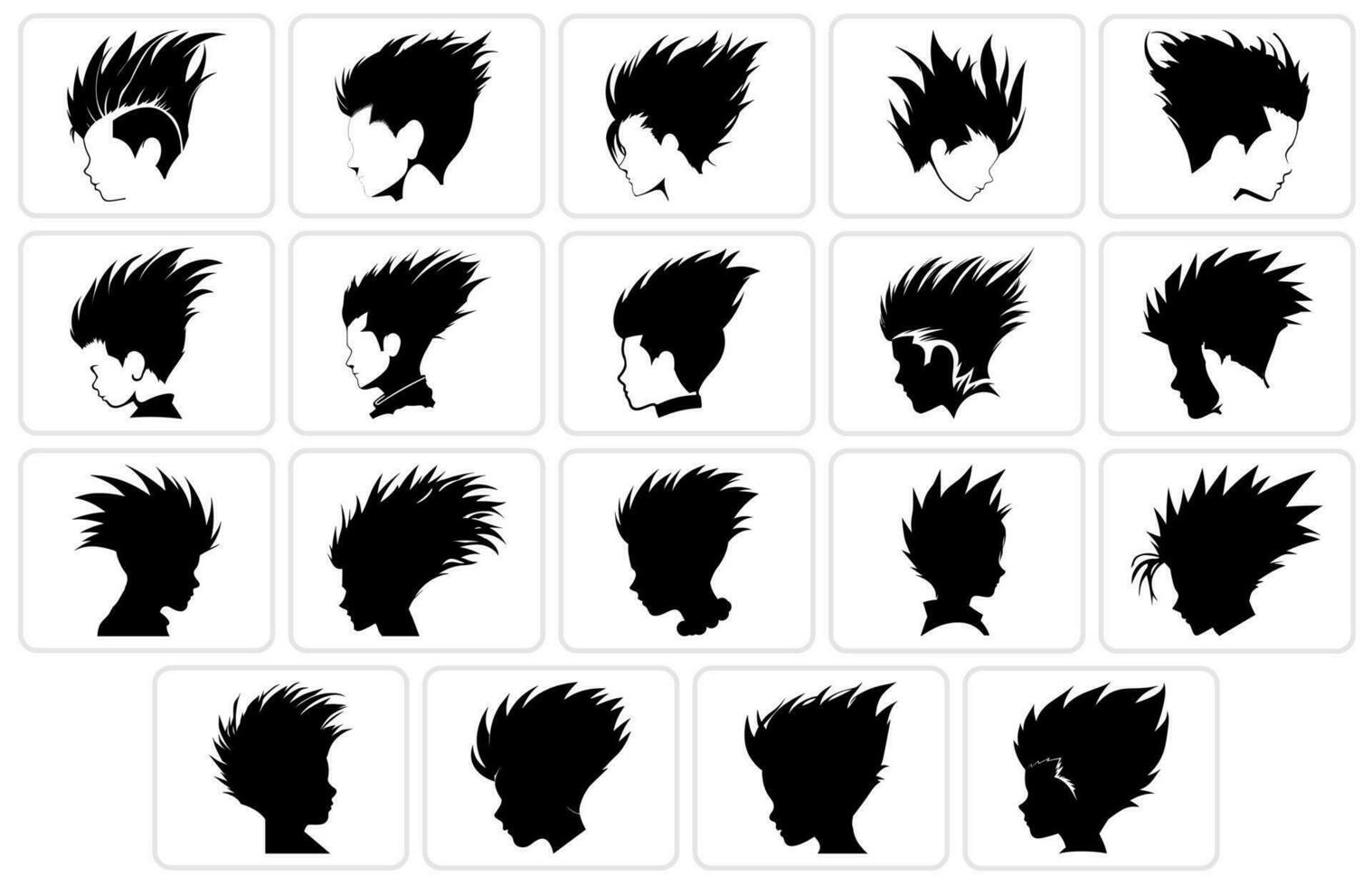 moicano cabelo silhuetas ilustração definir, Rapazes cabelo silhueta vetor coleção, masculino silhueta agrupar