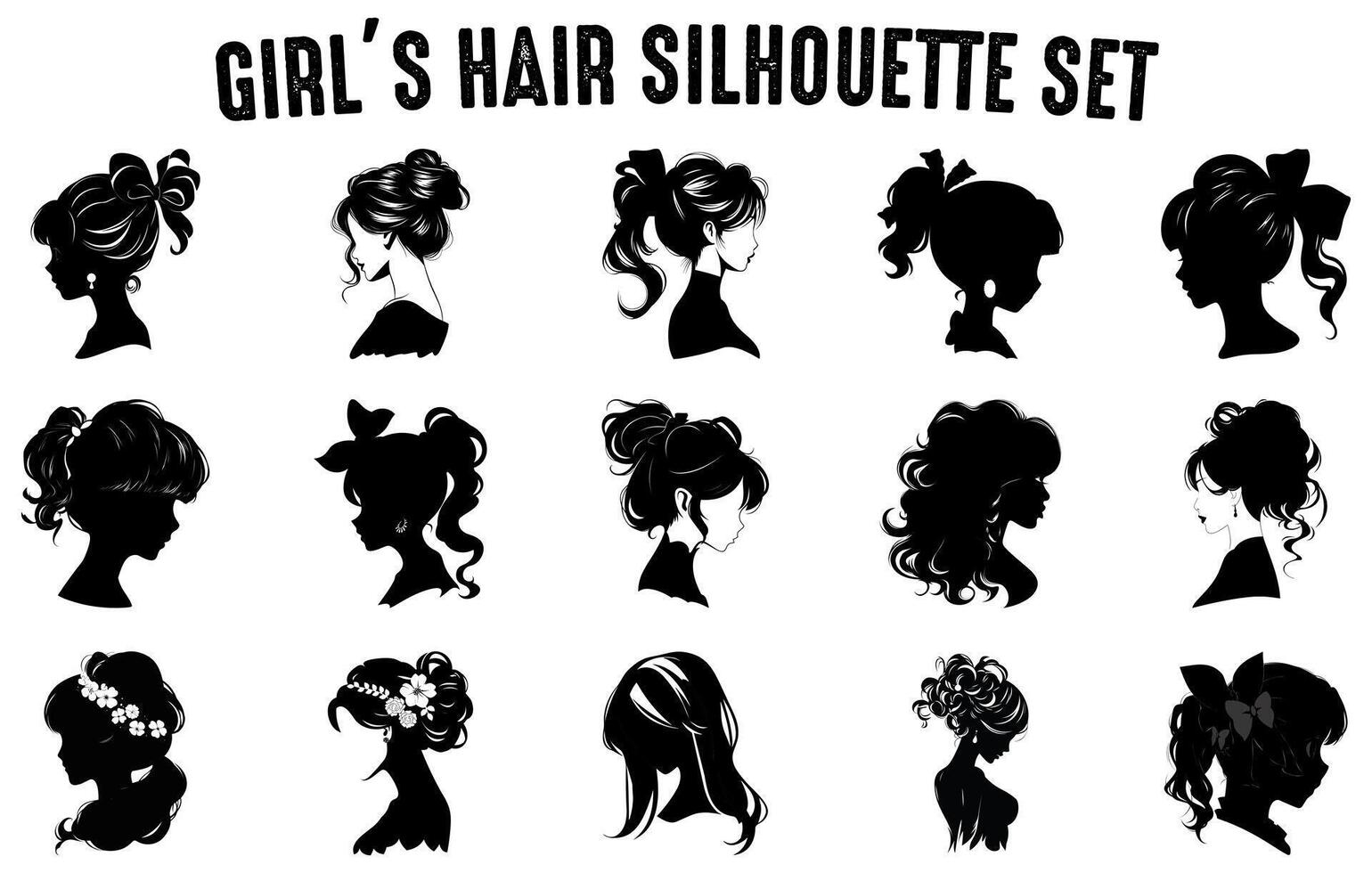 garotas cabelo silhuetas vetor definir, garotas penteados silhuetas, mulheres cabelo silhueta coleção, cabelo Preto silhuetas ilustração