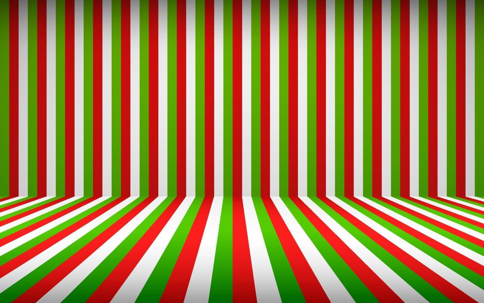 cenário abstrato estúdio listrado vertical vermelho verde branco com espaço vazio para o seu conteúdo ou imagem do produto. conceito de fundo de quarto de estúdio de Natal vazio. ilustração vetorial vetor