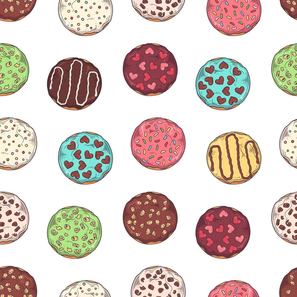 padrão de vetor. donuts vitrificados decorados com coberturas, chocolate, nozes. vetor