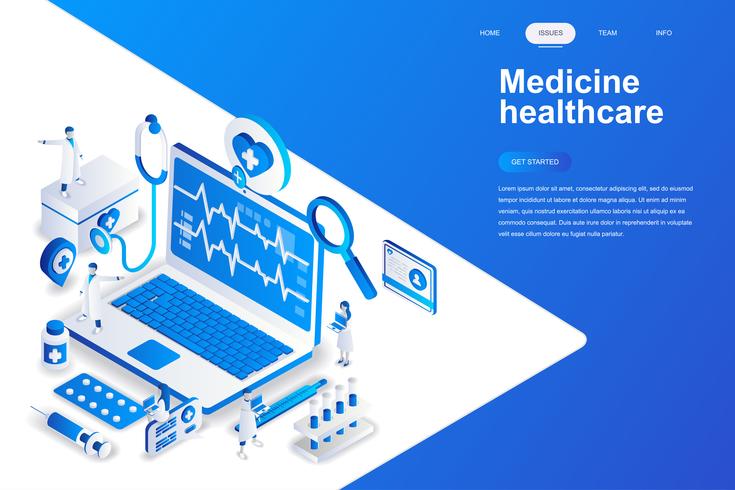 Medicina e saúde conceito moderno design plano isométrico. Conceito de farmácia e pessoas. Modelo de página de destino. Ilustração isométrica conceptual do vetor para a Web e o projeto gráfico.