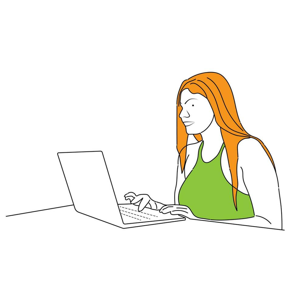 uma empresária é sentado às uma computador portátil. a menina é surfar a Internet ou trabalhando às uma computador. vetor solteiro linha mão desenhando esboço ilustração.