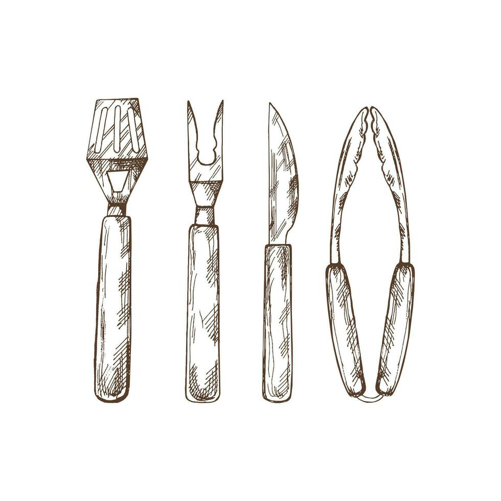 uma conjunto do desenhado à mão esboços do churrasco ferramentas. detalhado retro estilo grade ferramentas. rabisco vintage ilustração. gravado imagem. vetor
