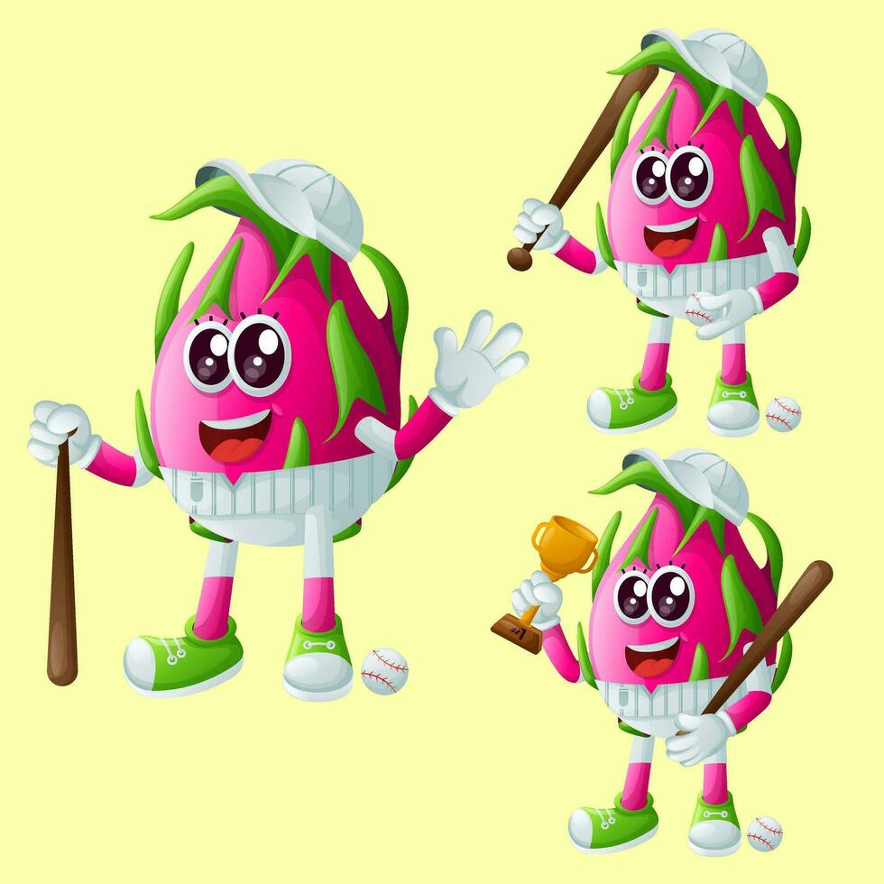 fofa Dragão fruta personagens jogando beisebol vetor