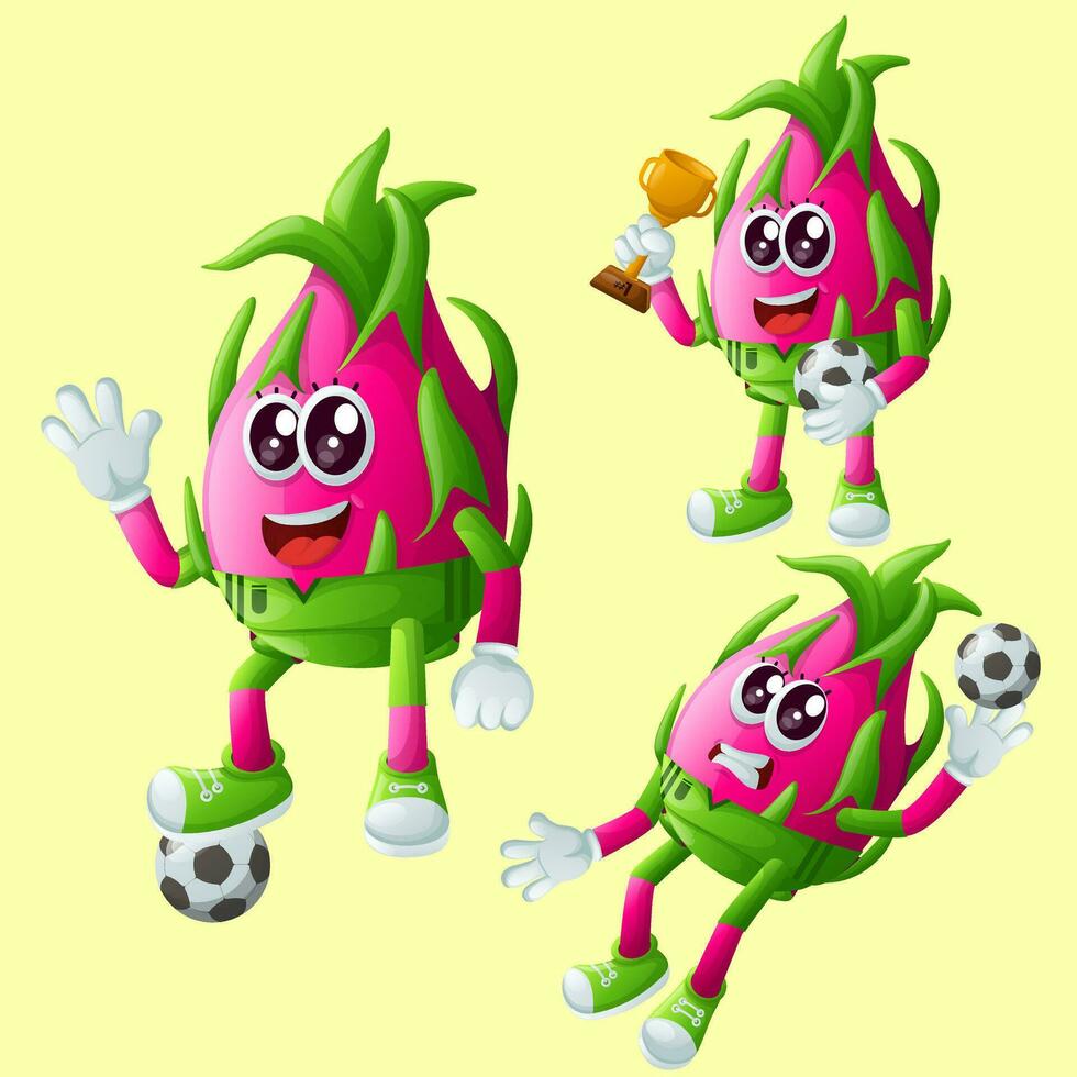 fofa Dragão fruta personagens jogando futebol vetor