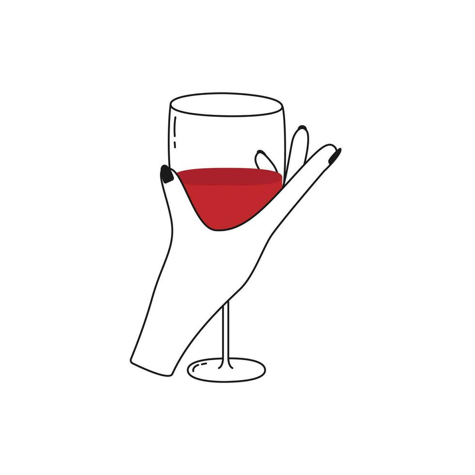fêmea mão detém vidro do vinho. coquetel, fresco bebida, suco. mão desenhado linha arte estilo vetor