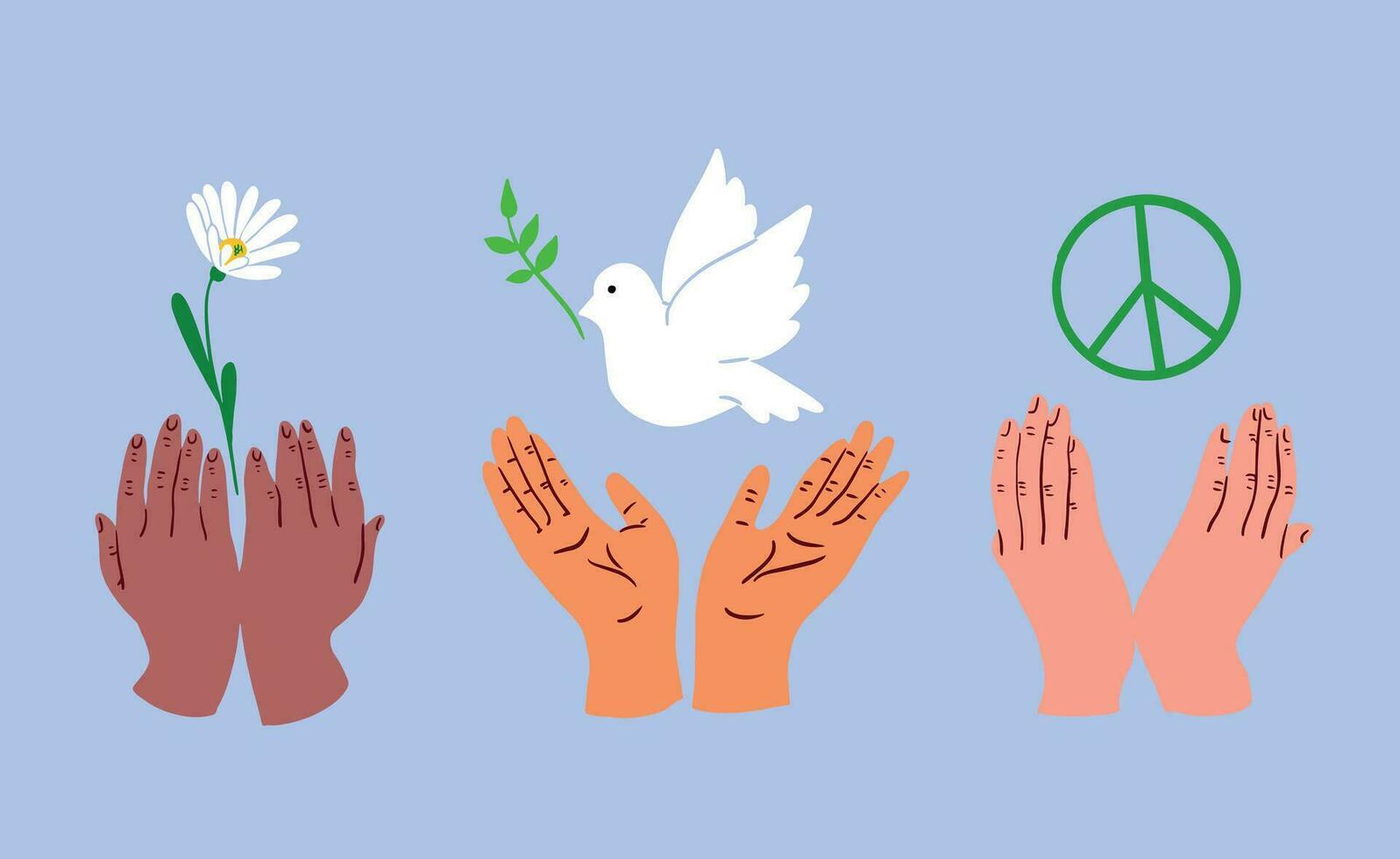 símbolos do Paz - uma pomba, uma círculo do pacifismo e uma flor dentro a mãos.vetor ilustração. vetor