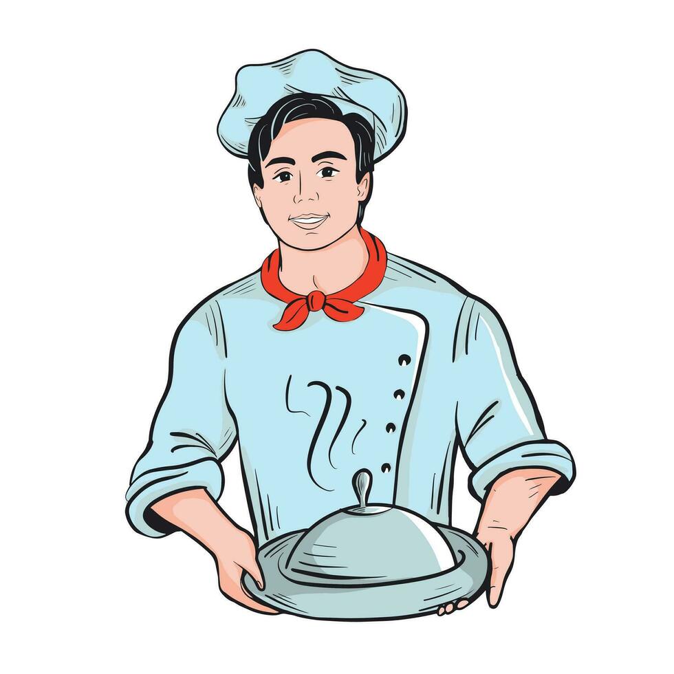 sorridente jovem chefe de cozinha cozinhar segurando uma prato dentro dele mãos .cor esboço.vetor ilustração. vetor