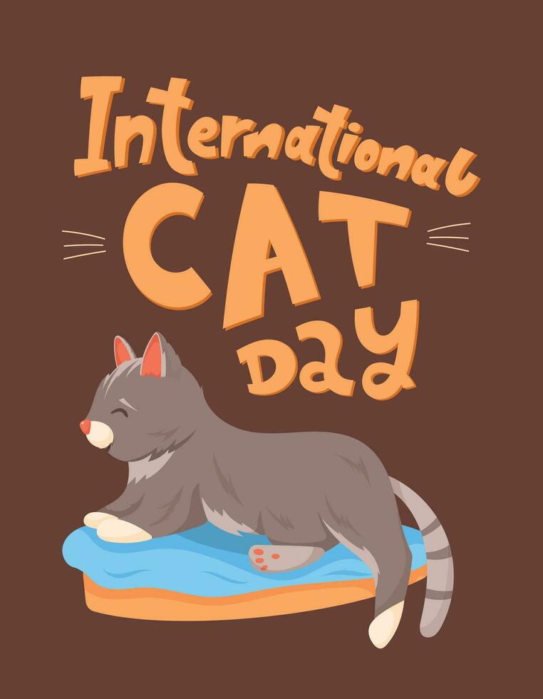 internacional feriado gato dia, engraçado escrito a mão rotulação. fofa cinzento gato deitado em uma sofá. vetor desenho animado bandeira ou cartão postal.