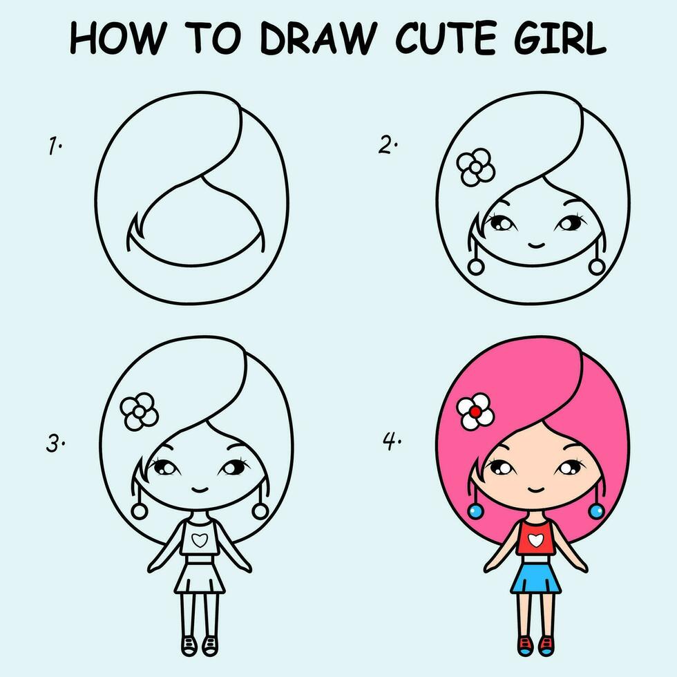 degrau de degrau para desenhar uma fofa garota. desenhando tutorial uma fofa garota. desenhando lição para crianças. vetor ilustração