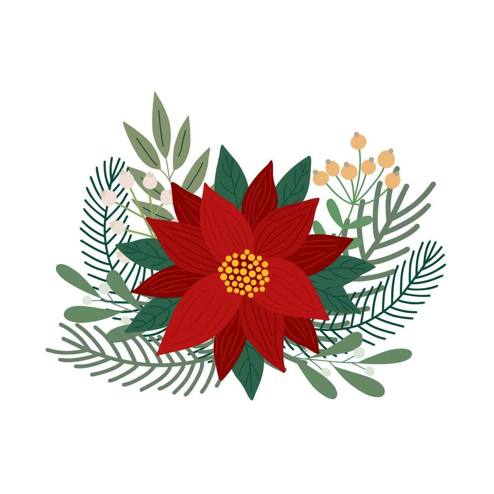 ilustração vetorial de arranjo de plantas e presentes de natal, modelo de cartão de férias de inverno, modelo de celebração do período festivo vetor