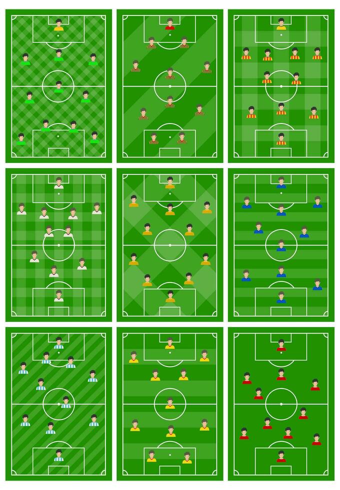 conjunto do nove futebol Campos com uma diferente esquema do jogadoras em a campo. futebol campo para jogando. vetor ilustração