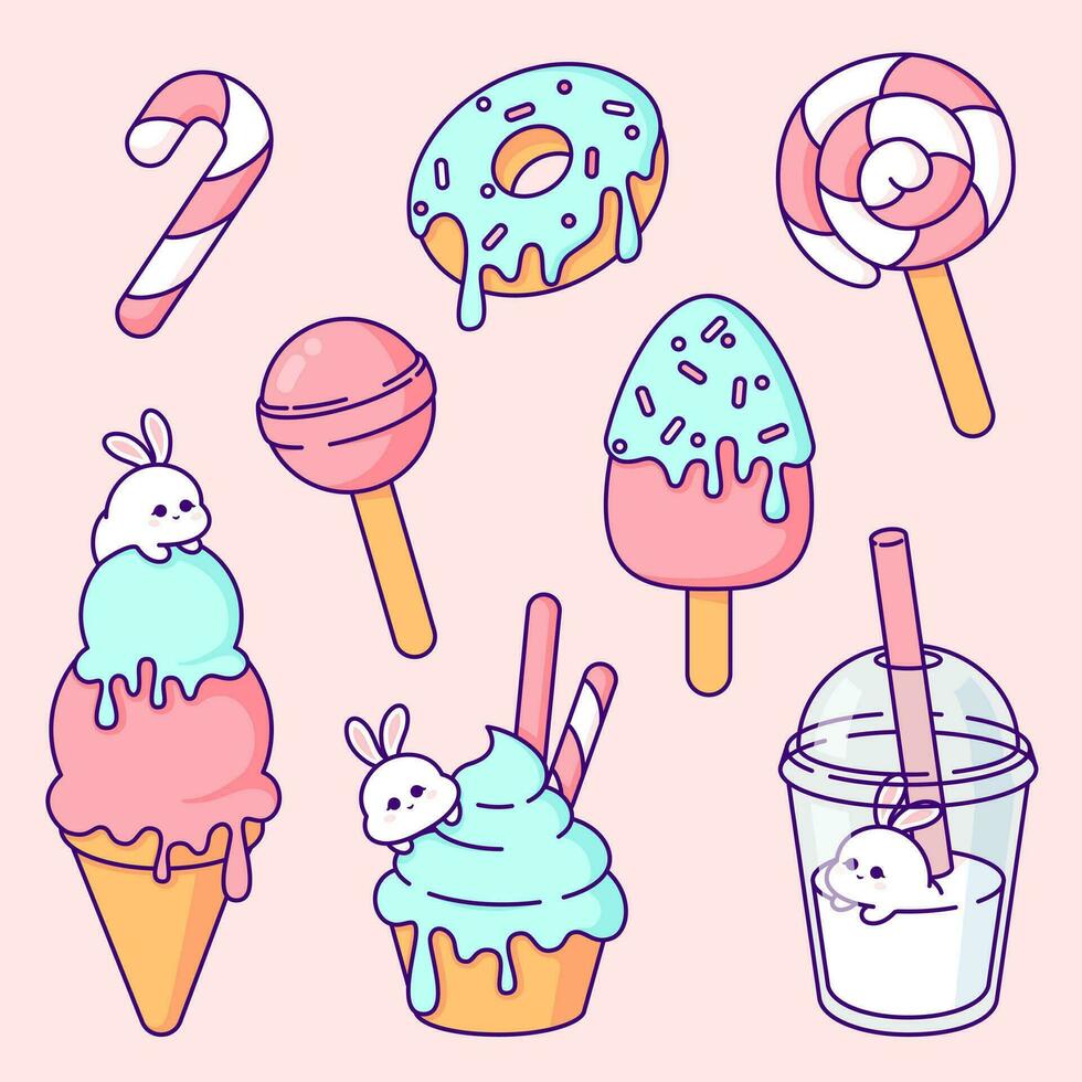 fofa kawaii doce vetor grampo arte. vetor clipart conjunto apresentando fofa kawaii estilo doce, gelo creme, pirulitos, rosquinhas, milkshake, Bolinho, e bolo, dentro delicioso delicado Rosa e azul tons.