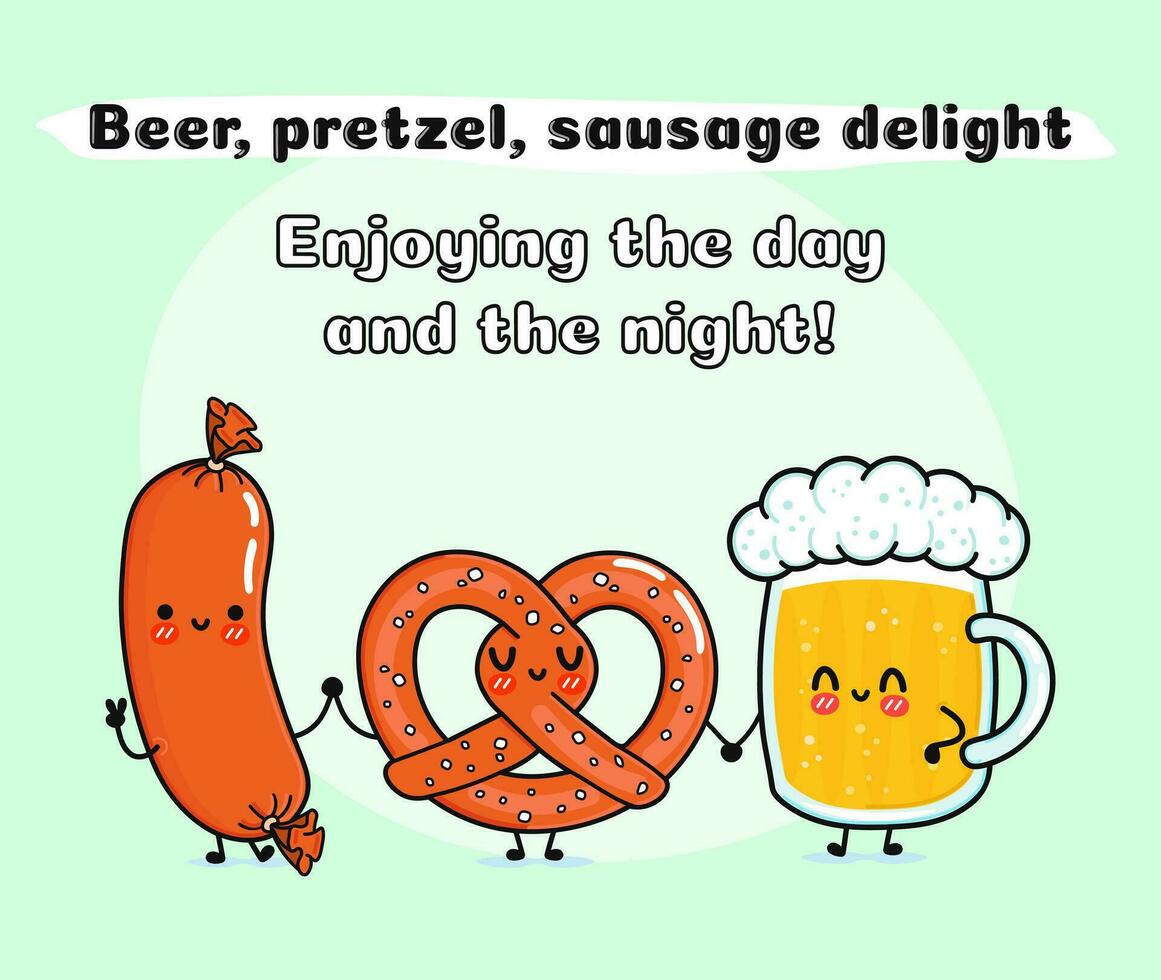 vidro do cerveja, linguiça e pretzel. vetor mão desenhado desenho animado kawaii personagens, ilustração ícone. engraçado desenho animado vidro do cerveja, linguiça e pretzel mascote amigos conceito