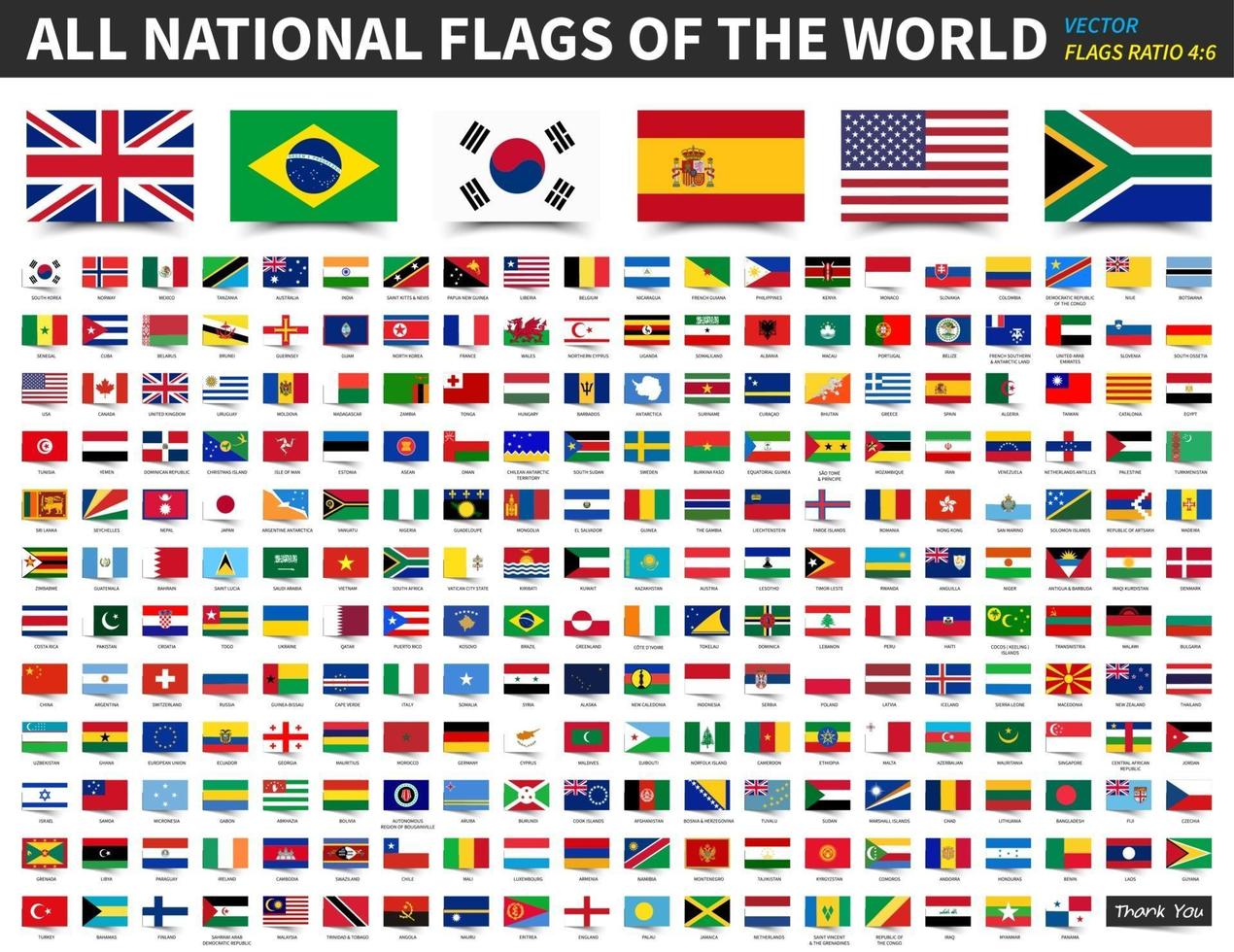 todas as bandeiras nacionais do mundo. design de proporção 4 - 6 com estilo de papel adesivo flutuante. vetor de elementos.