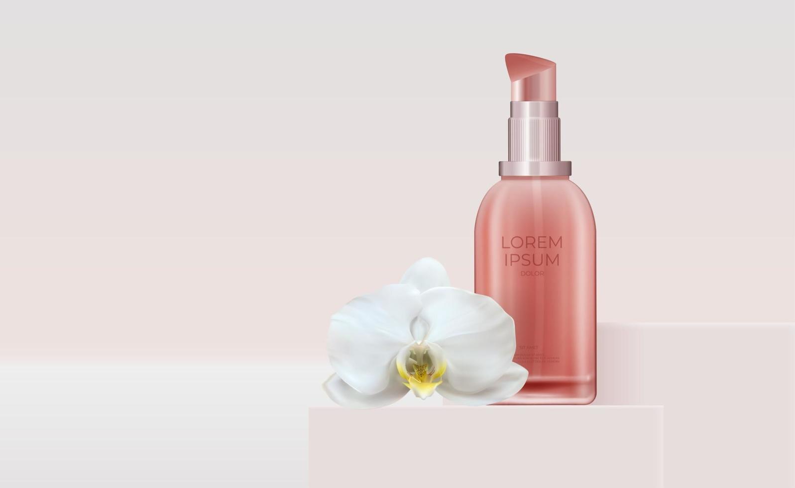 Produto cosmético de beleza natural 3D realista para cuidados com o rosto com flor de orquídea. modelo de design de produto de cosméticos da moda para anúncios, panfleto ou fundo de revista vetor