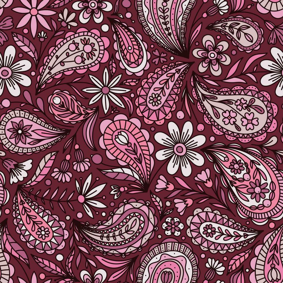 carmesim Rosa vetor desatado fundo com multicolorido floral paisley enfeite