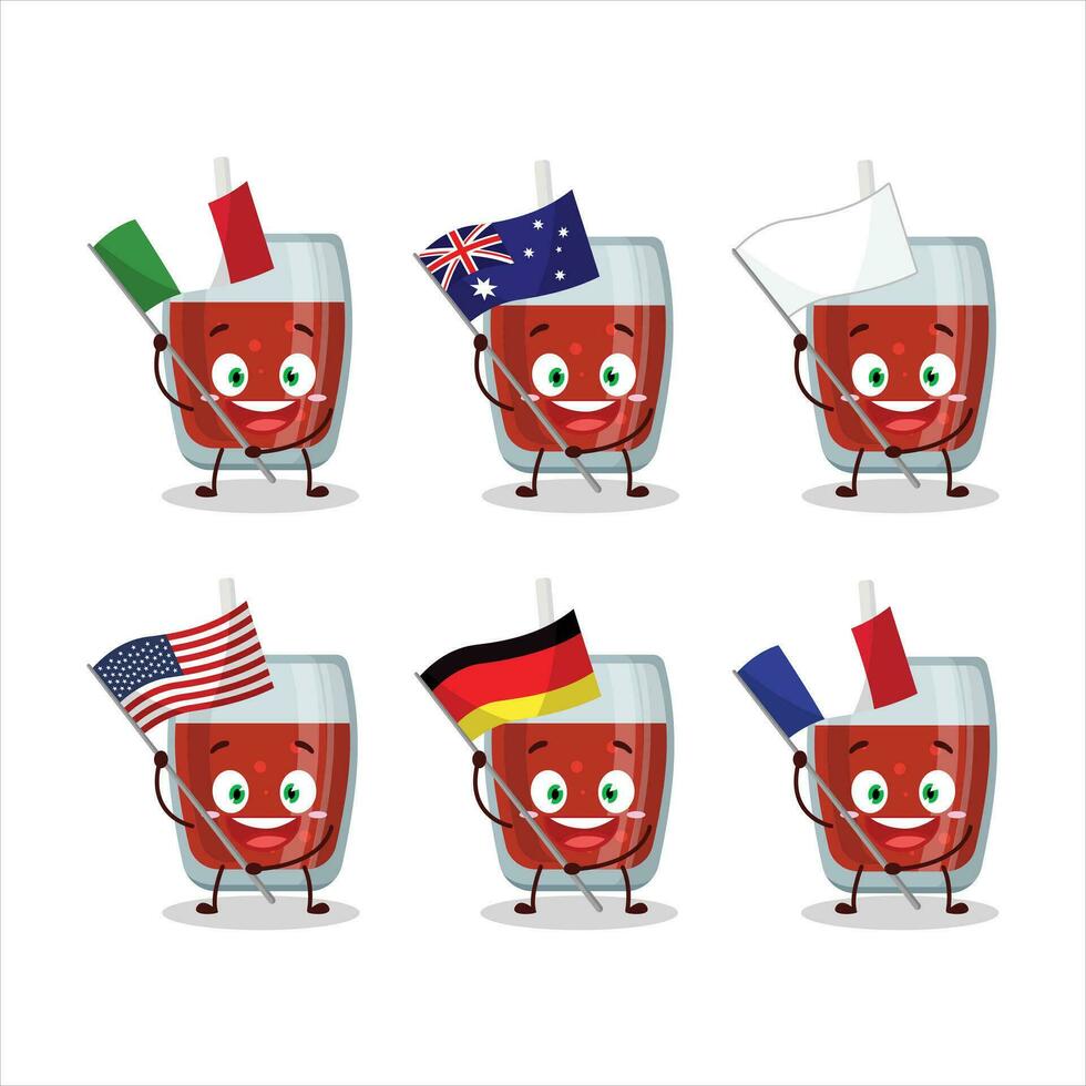 maçã suco desenho animado personagem trazer a bandeiras do vários países vetor