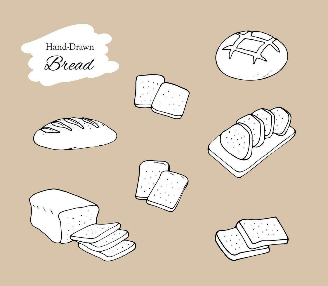 conjunto do fatiado pão e pão pão desenhado à mão ilustração vetor