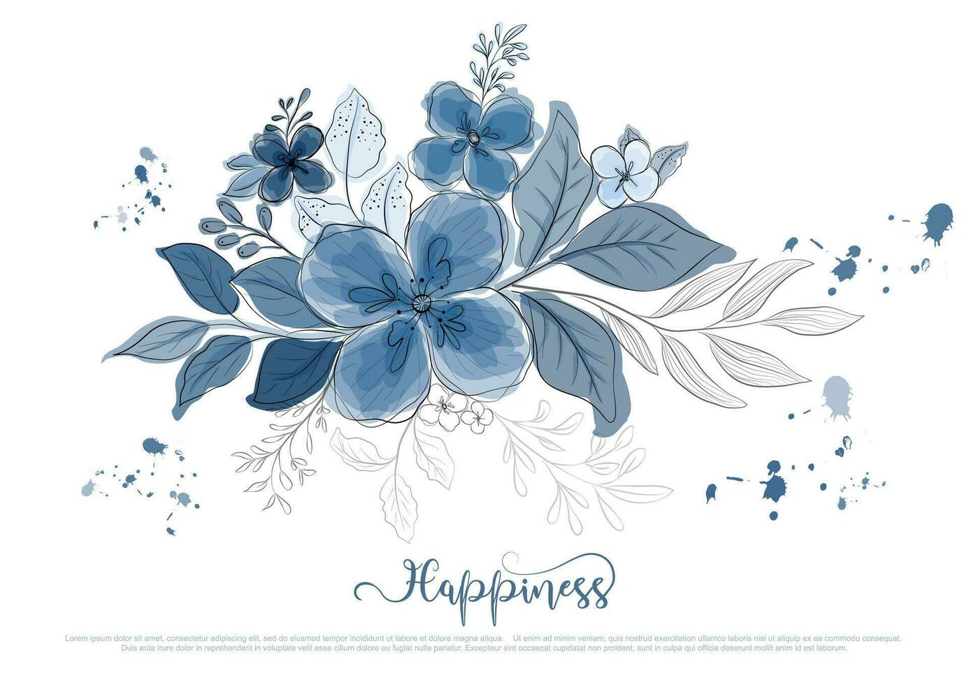mão desenhado lindo azul flores Flor com Preto linha vetor