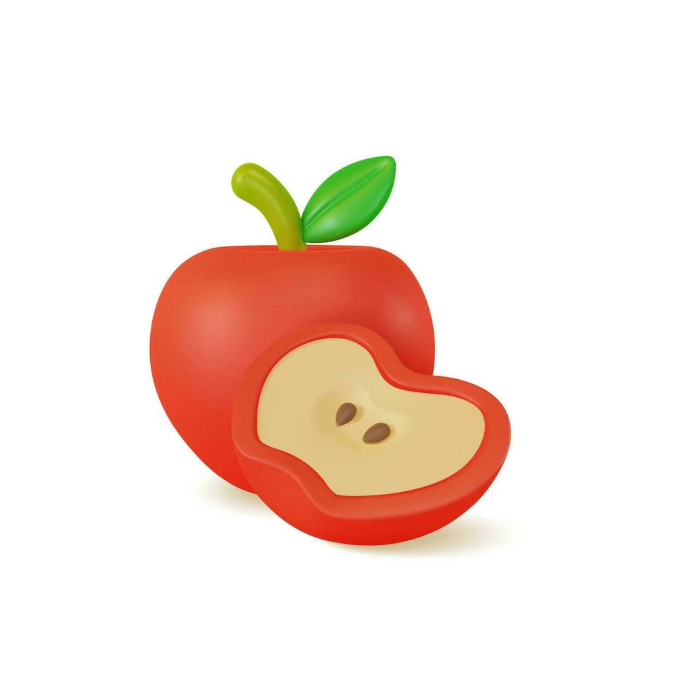 3d fresco fruta todo vermelho maçã e fatias conceito desenho animado estilo. vetor