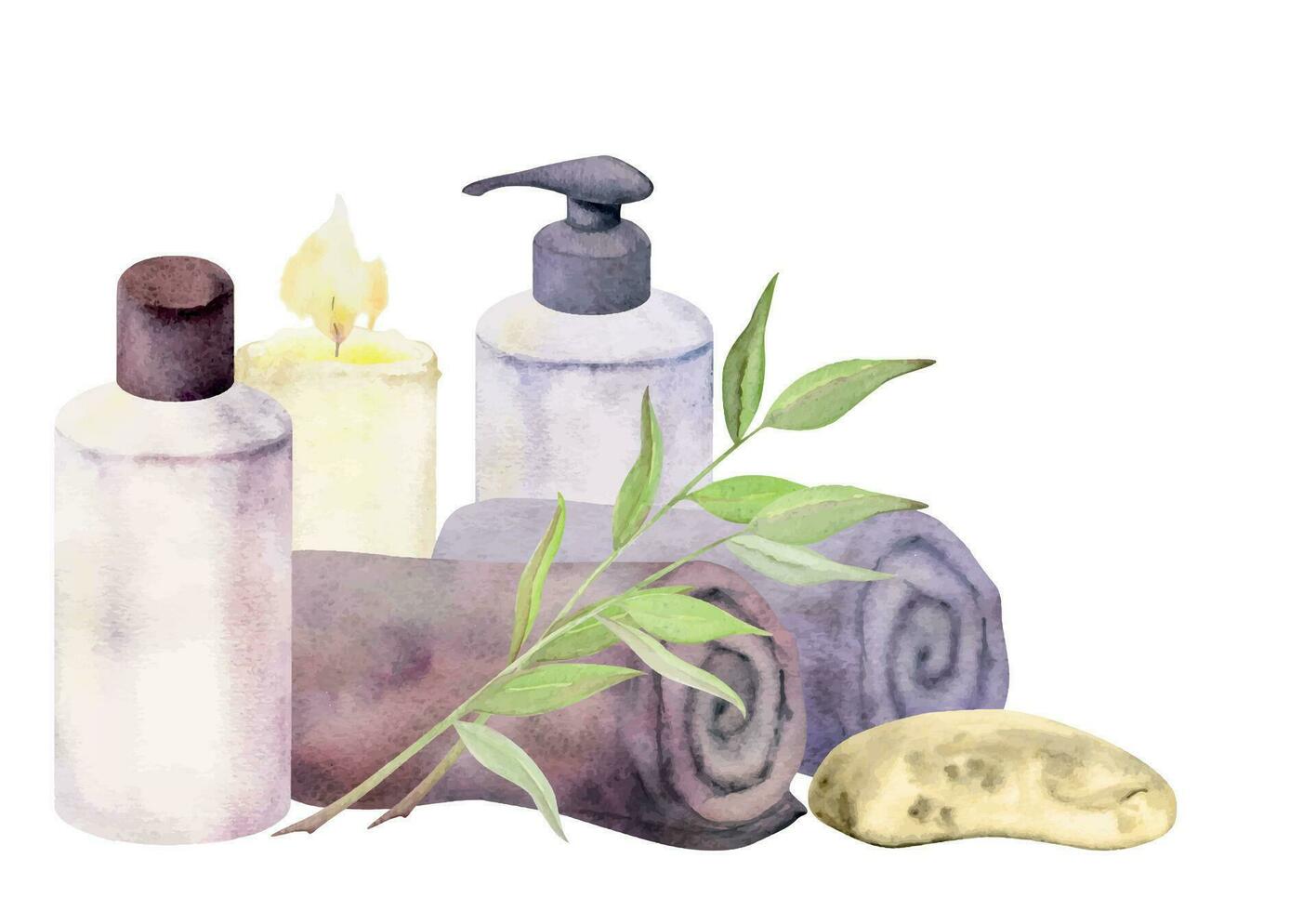 mão desenhado aguarela spa cuidados com a pele toalhas banho beleza produtos pacote. horizontal composição. isolado em branco fundo. Projeto para parede arte, bem estar recorrer, imprimir, tecido, cobrir, cartão, livreto. vetor