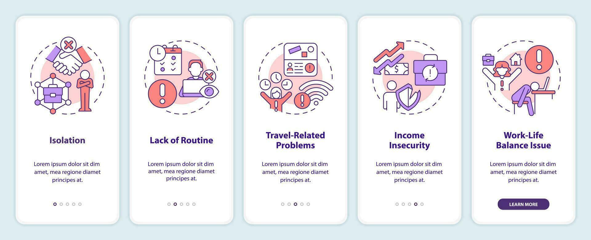 ser digital nômade contras onboarding Móvel aplicativo tela. auto empregado passo a passo 5 passos editável gráfico instruções com linear conceitos. interface do usuário, ux, gui modelado vetor