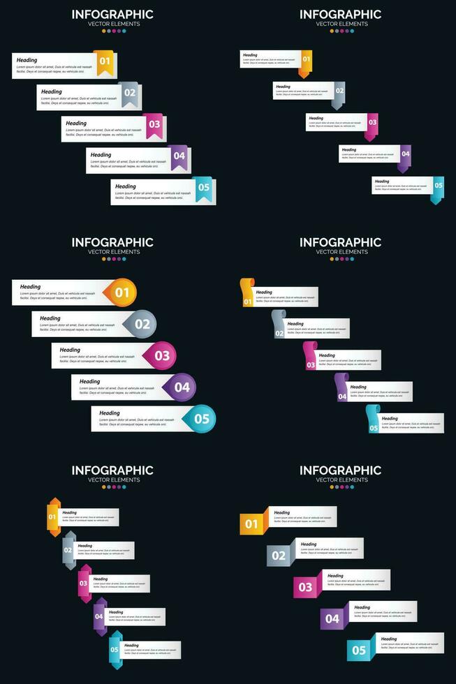 modelo de slide de apresentação de pacote de infográficos vetor 6 diagramas de ciclo de 5 etapas e linhas do tempo