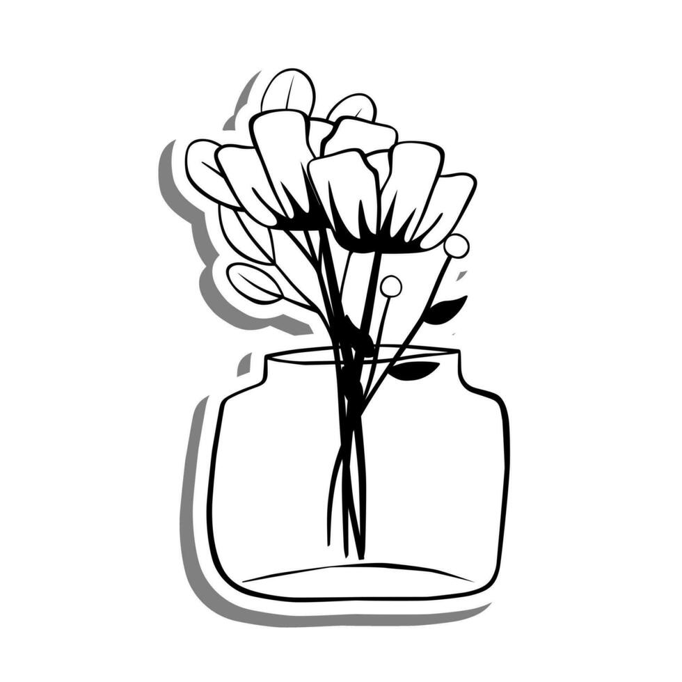 Preto linha rabisco flores dentro uma jarra em branco silhueta e cinzento sombra. mão desenhado desenho animado estilo. vetor ilustração para decorar e qualquer Projeto.