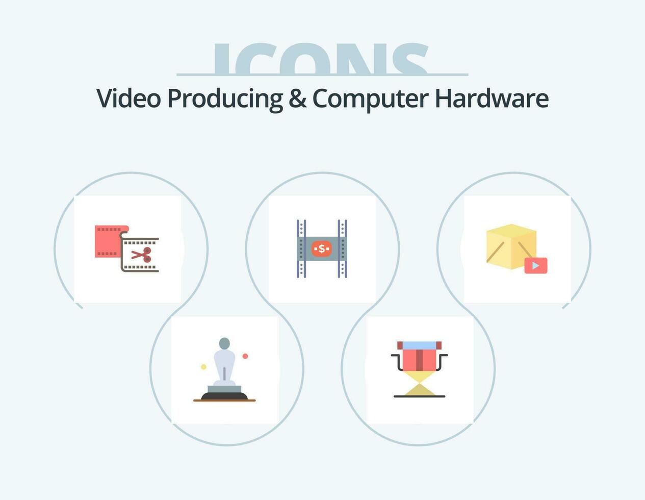 vídeo produzindo e computador hardware plano ícone pacote 5 ícone Projeto. dinheiro. custos. dobrável. orçamento. edição vetor