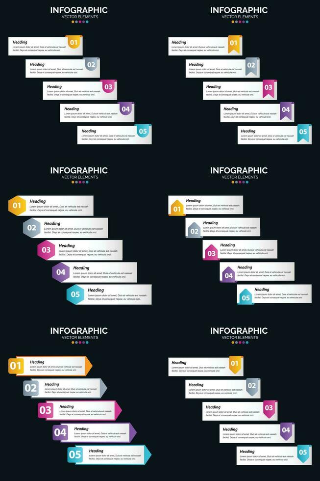 modelo de slide de apresentação de pacote de infográficos vetor 6 diagramas de ciclo de 5 etapas e linhas do tempo