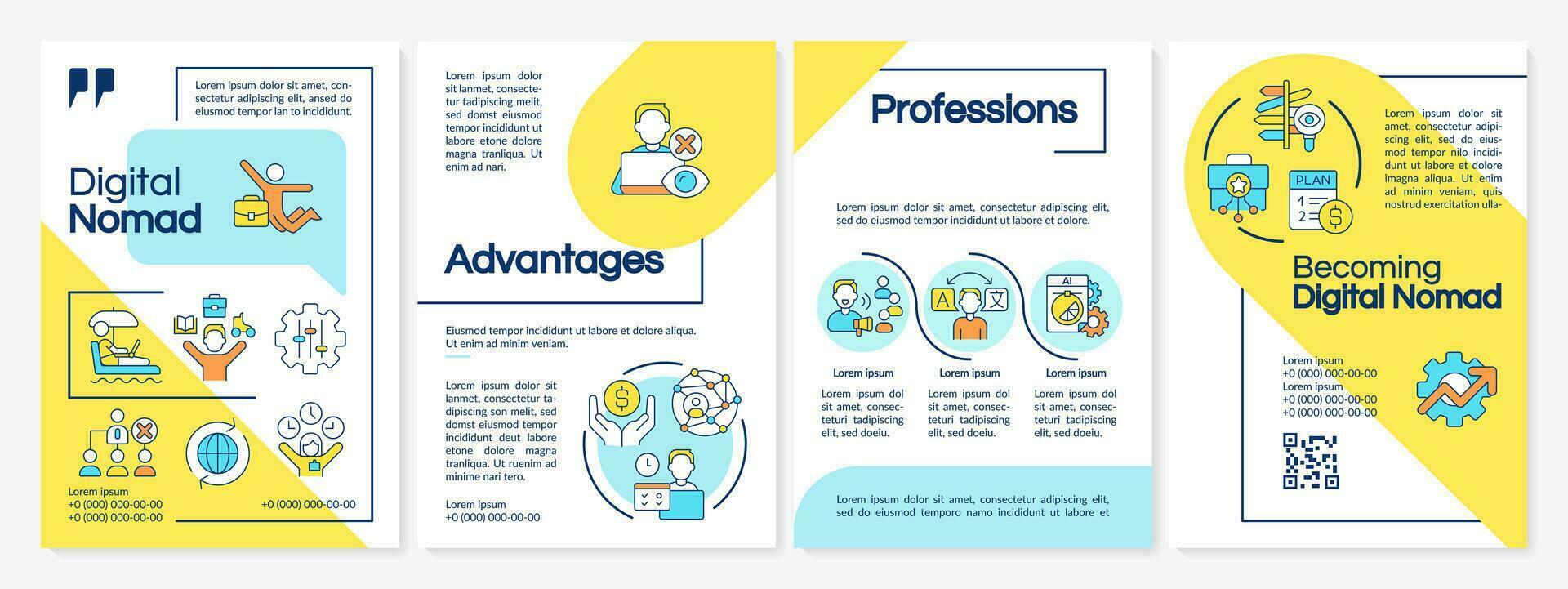 digital nômade azul e amarelo folheto modelo. trabalhos a partir de em qualquer lugar. folheto Projeto com linear ícones. editável 4 vetor layouts para apresentação, anual relatórios