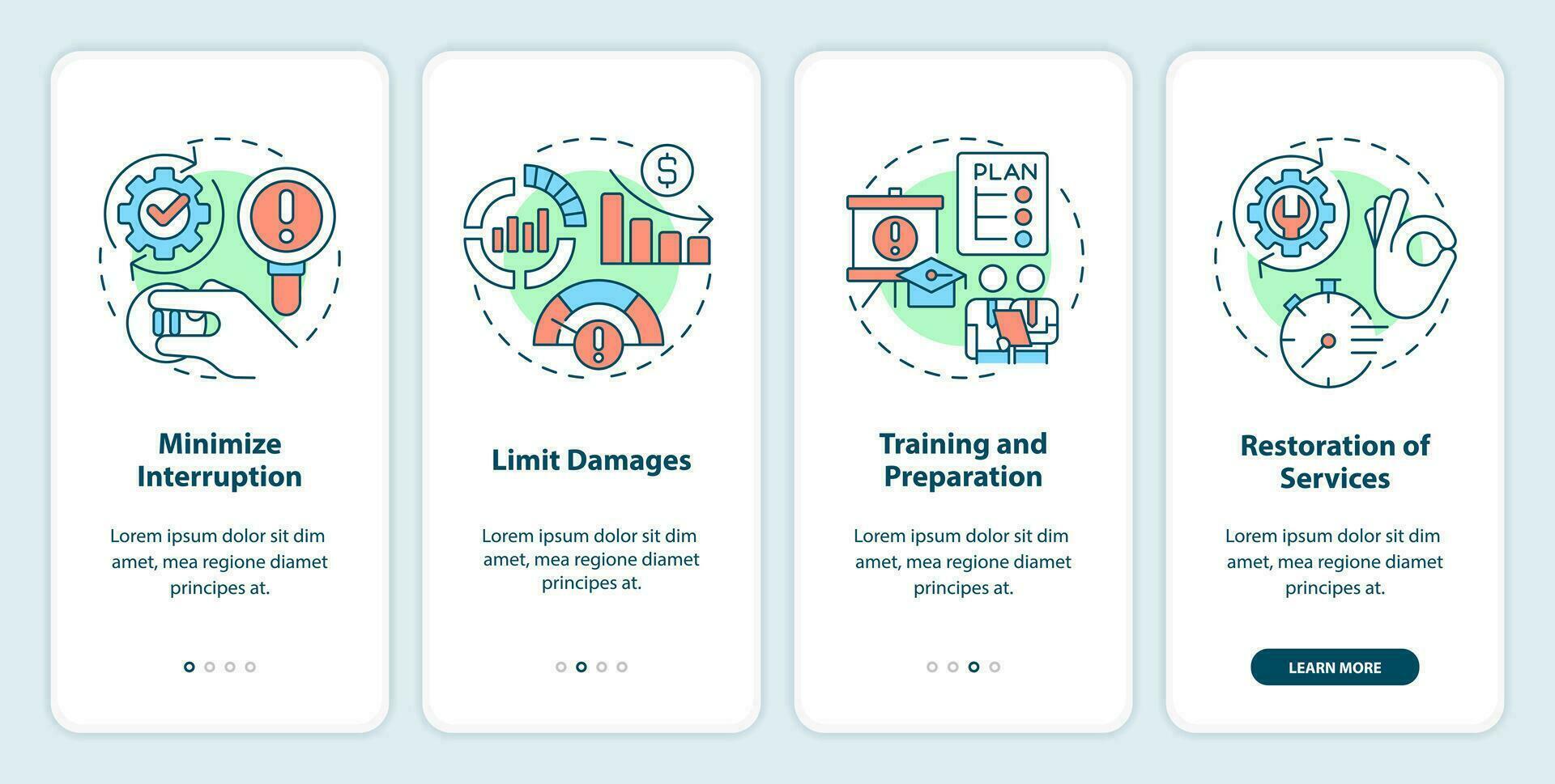 desastre recuperação plano benefícios onboarding Móvel aplicativo tela. passo a passo 4 passos editável gráfico instruções com linear conceitos. interface do usuário, ux, gui modelado vetor