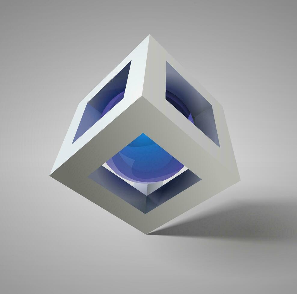 vetor abstrato 3d cubo e azul esfera composição. três- dimensional ícone Projeto com uma azul esfera dentro uma branco cubo.