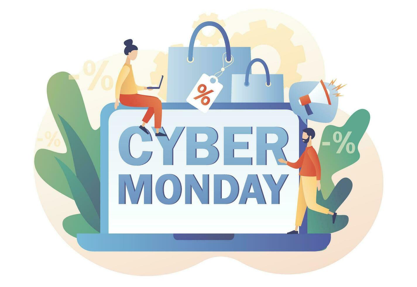 cyber Segunda-feira - texto em computador portátil tela. minúsculo pessoas compras on-line. grande venda promoção. especial oferta preço. publicidade descontos. moderno plano desenho animado estilo. vetor ilustração em branco fundo