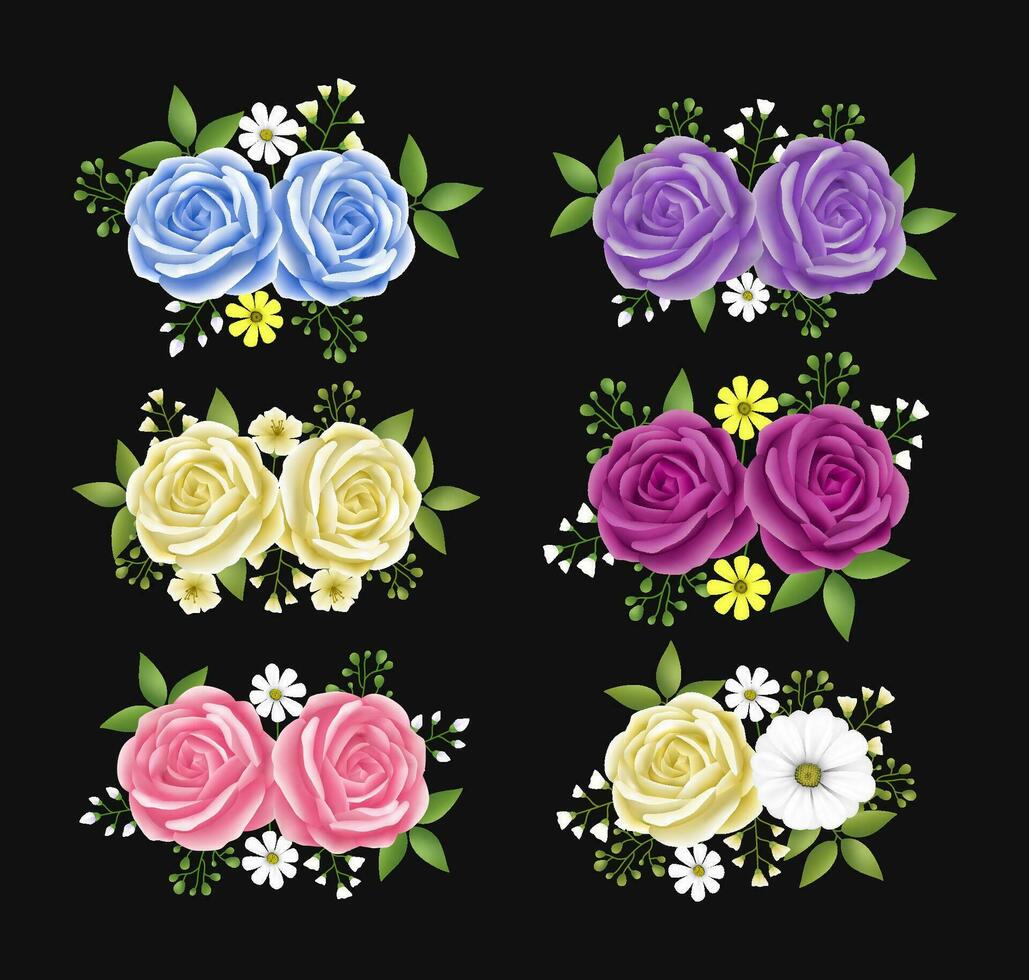 rosas flores folhas festão com ciano, bege, Rosa e roxa cor definir. floral mão desenhado para buquês, grinaldas, arranjos, Casamento convites, aniversário, aniversário, cartões postais, saudações vetor