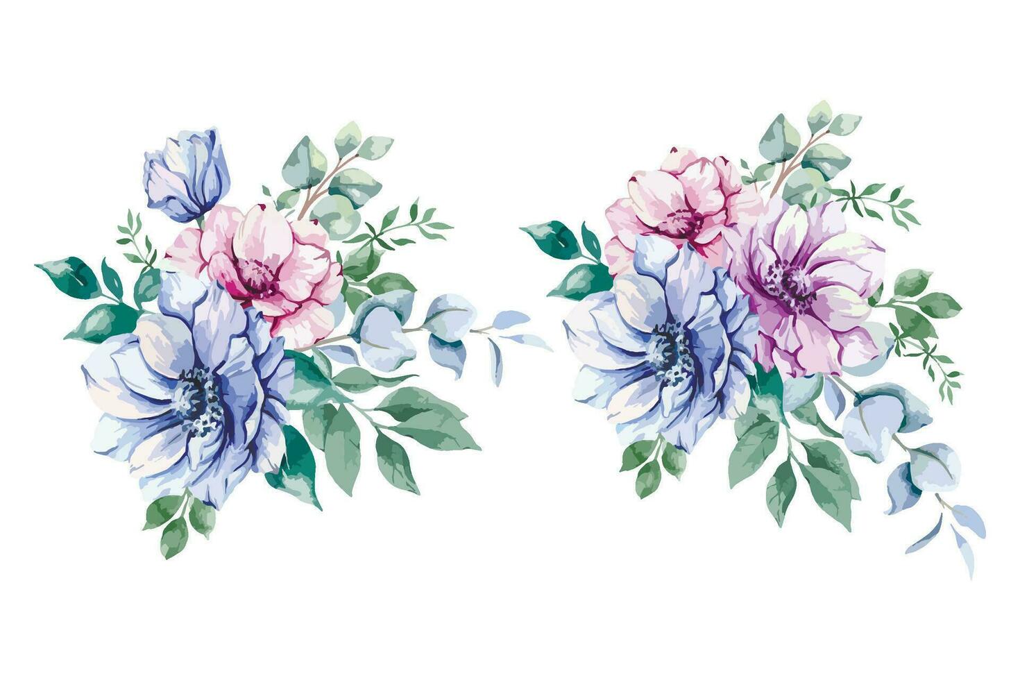 anêmona flores aguarela ilustração. azul, Rosa e roxa anêmonas mão pintado isolado em branco fundo. perfeito para Casamento convites, nupcial chuveiro e floral cumprimento cartões vetor