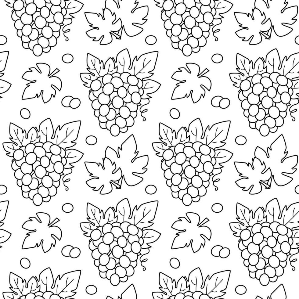 desatado linha padronizar com cachos do uvas. contorno vetor ilustração com fruta. Preto e branco fundo com bagas do uvas e folhas.