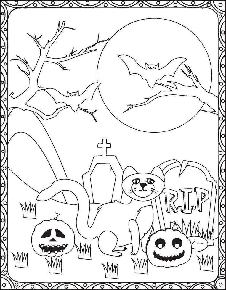 dia das Bruxas coloração páginas, dia das bruxas gato coloração Páginas para crianças, dia das Bruxas ilustração, dia das Bruxas vetor, Preto e branco, gato ilustração vetor