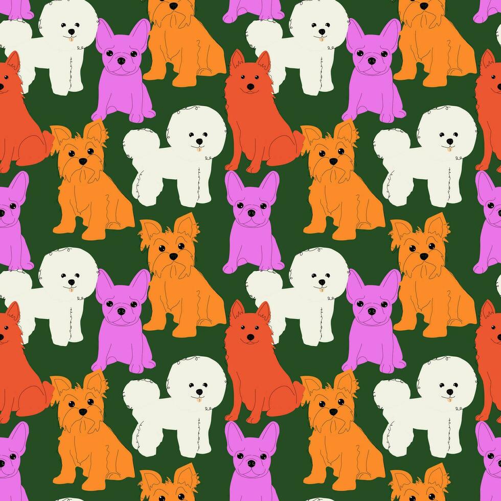 cachorros do diferente raças e cores em uma verde fundo. desatado vetor brilhante padrão.abstrato enfeite com animais de estimação.