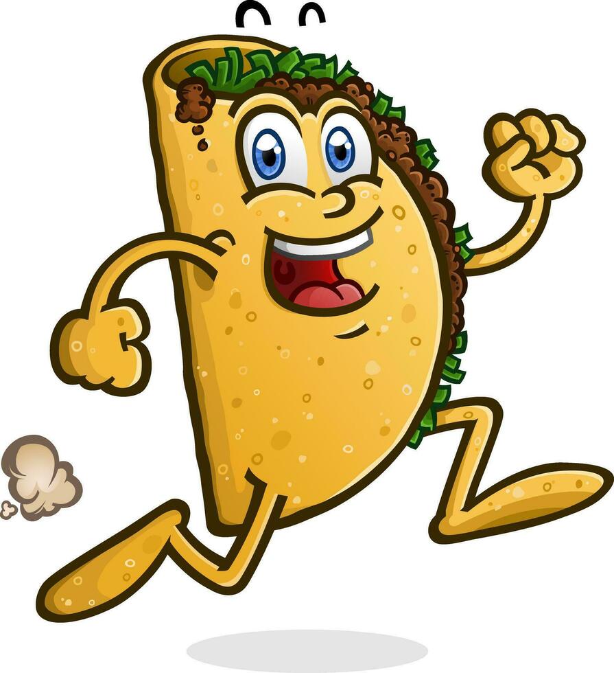 uma delicioso carne taco desenho animado personagem em uma vivo saltitante correr para a mexicano Comida ficar de pé vetor