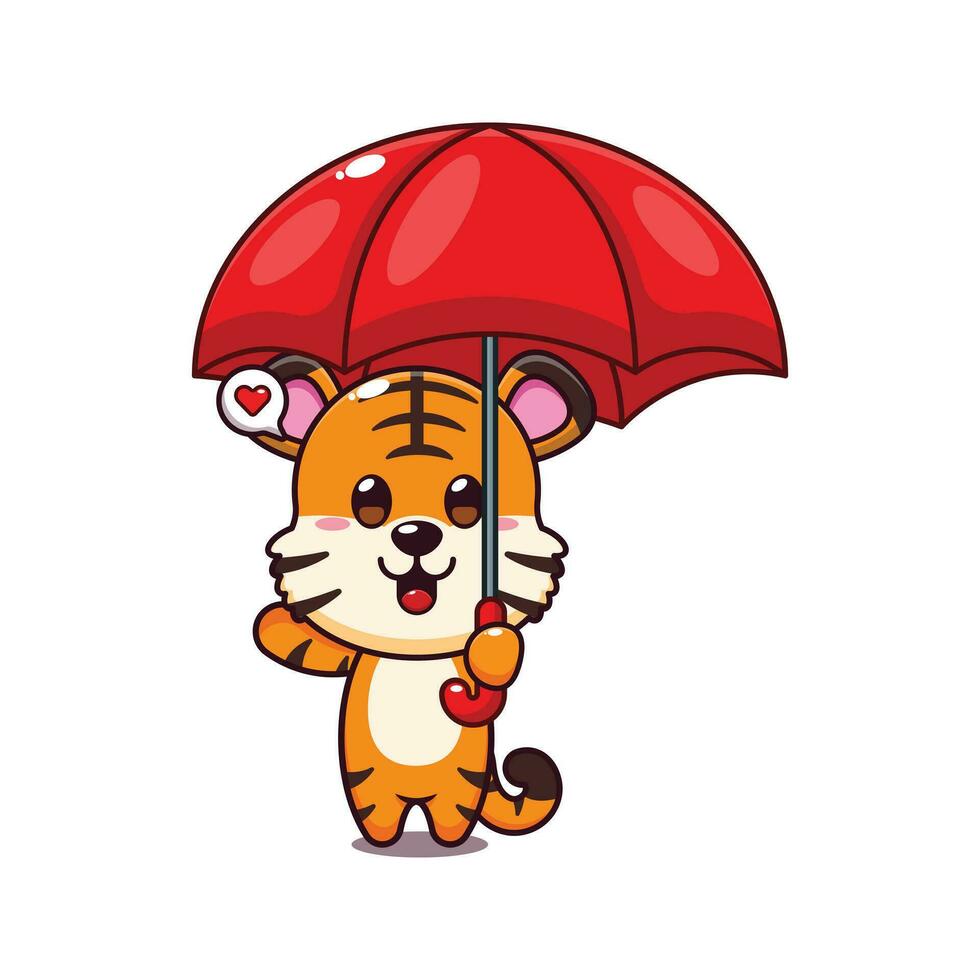 fofa tigre segurando guarda-chuva desenho animado vetor ilustração.