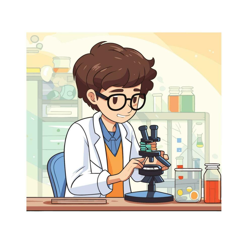 vetor do uma cientista examinando uma espécime debaixo uma microscópio dentro uma laboratório