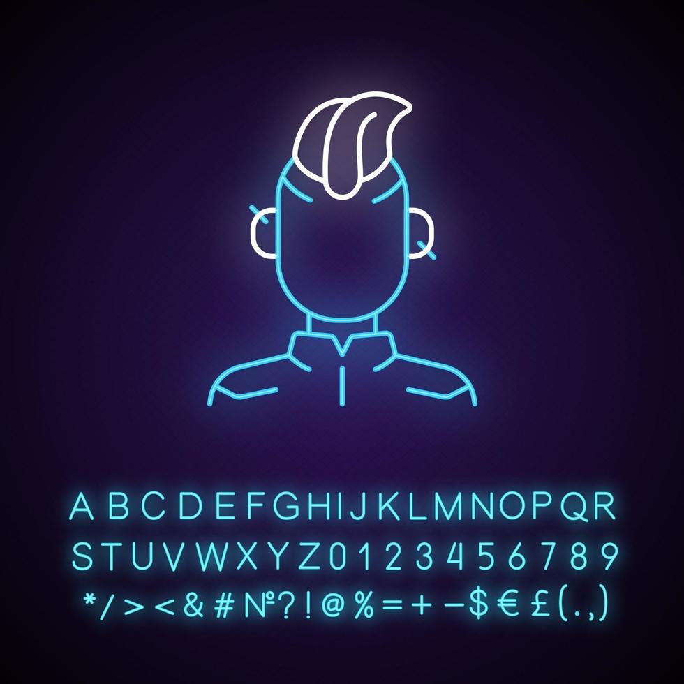 ícone de luz de néon de pessoa cyberpunk. subcultura punk, adolescente gótica. filme cyberpunk, jogo. efeito de brilho externo. assine com alfabeto, números e símbolos. ilustração colorida rgb isolada do vetor