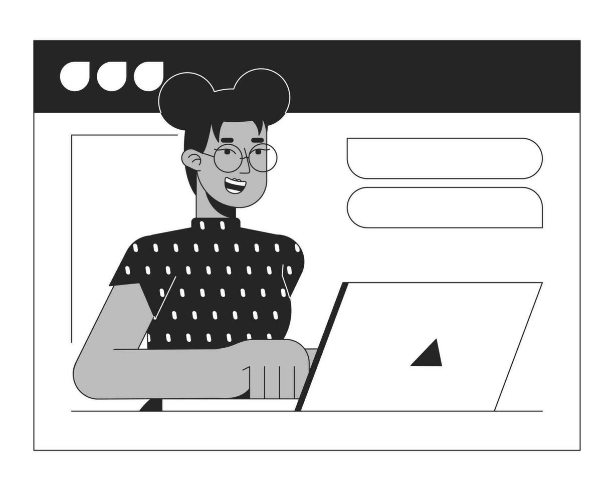 Preto mulher em rede encontro bw conceito vetor local ilustração. africano americano mulher computador portátil 2d desenho animado plano linha monocromático personagem para rede ui Projeto. editável isolado esboço herói imagem