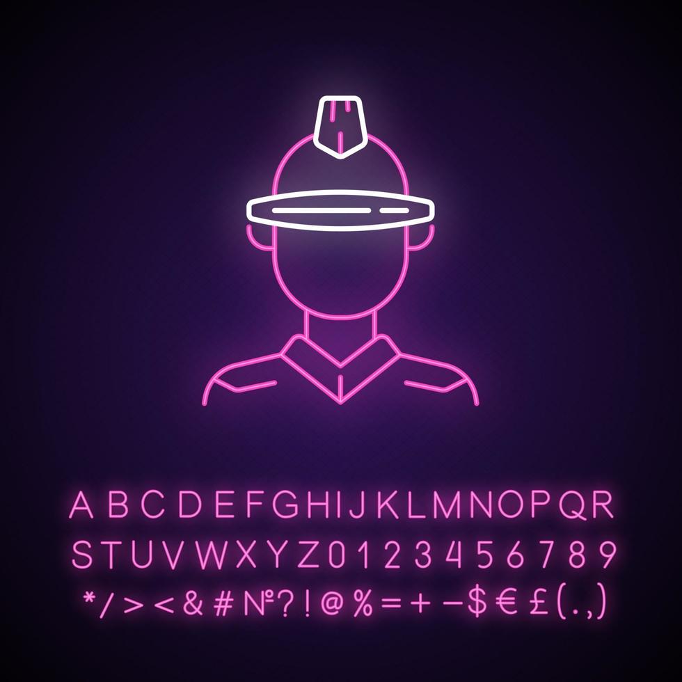ícone de luz de néon de óculos futuristas. pessoa cyberpunk, homem de ficção científica. futuro distópico. efeito de brilho externo. assine com alfabeto, números e símbolos. ilustração colorida rgb isolada do vetor